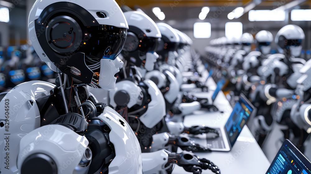 Fototapeta premium Robots working in a factory, using laptops and automation technology.