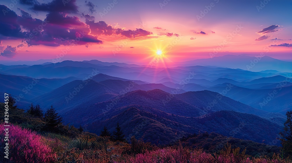 Obraz premium The silhouette of a mountain range, standing tall against the backdrop of a colorful sunrise.