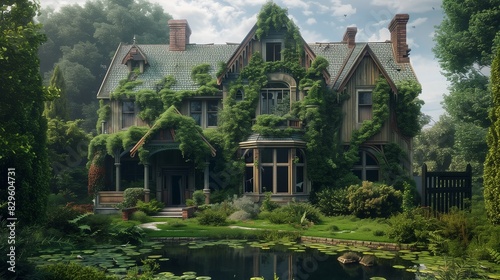 A post-apocalyptic interpretation of the suburban house  overgrown with lush greenery and vines  with nature reclaiming the once-manicured front yard and pond.