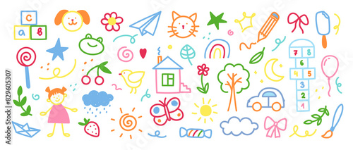 Children's drawings drawn in doodle style. Simple cute illustration isolated on white background.