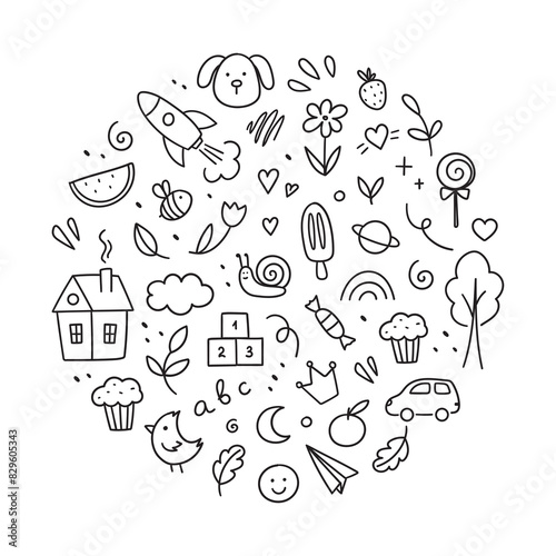 Children's drawings drawn in doodle style. Simple cute illustration isolated on white background.