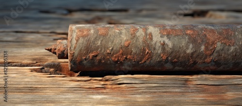 An aged corroded timber bolt found within the wooden floor of a former pier with a blank area suitable for inserting an image. Copy space image. Place for adding text and design