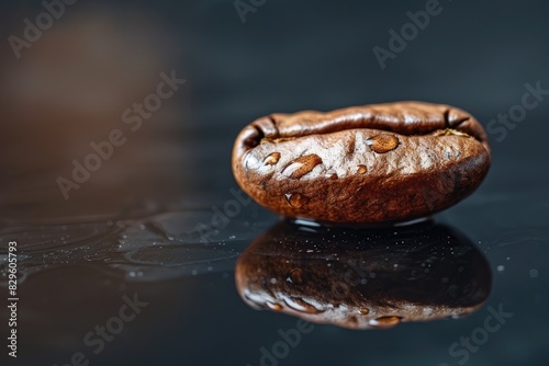 A coffee bean is sitting on a dark surface. The reflection of the bean is visible in the water