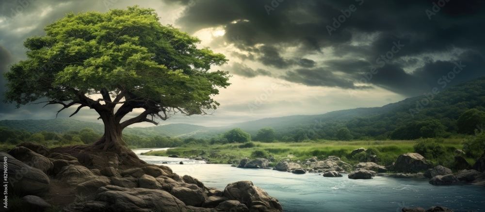 Fototapeta premium Breathtaking scene beneath an ancient tree overlooking a cloudy sky beside a wild river ideal for a copy space image