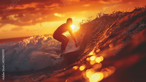The silhouette of a surfer catching a wave, their form outlined against the setting sun.