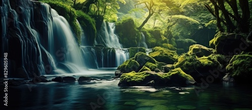 Tranquil creek displays majestic waterfalls creating a beautiful natural scene with copy space image