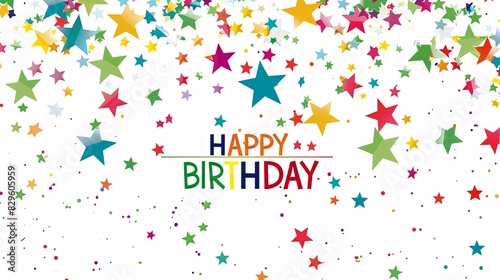 Happy Birthday banner with colorful stars and confetti on white background