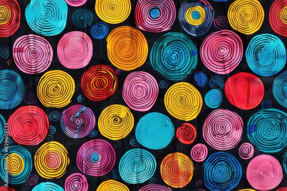 A colorful pattern of circles is displayed on a black background. The circles are of various sizes and colors, creating a vibrant and lively atmosphere. Concept of joy and playfulness A colorful pattern of circles is displayed on a black background. The circles are of various sizes and colors, creating a vibrant and lively atmosphere. Concept of joy and playfulness