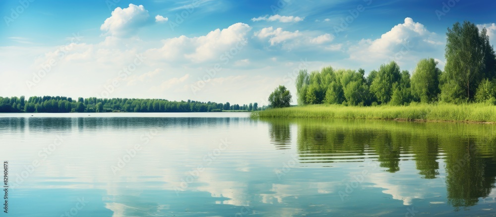 Fototapeta premium Summer lake landscape with serene water reflecting the sky ideal for a copy space image
