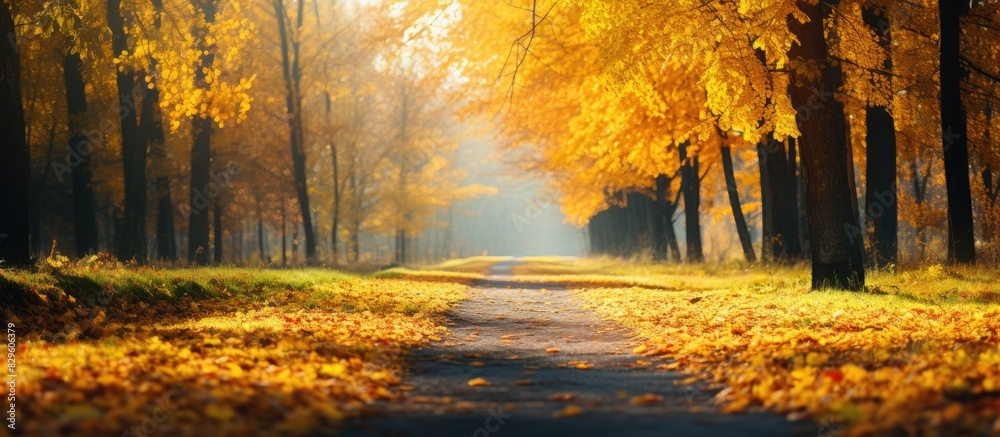 A forest road in autumn with yellow leaves scattered across the path and green grass growing on the sides perfect for a copy space image
