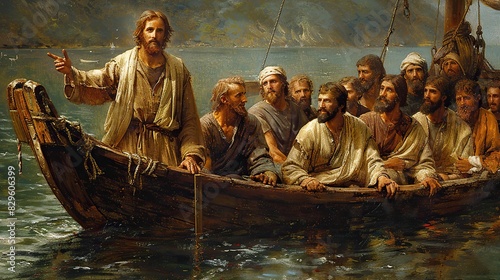 A depiction of Jesus Christ at the Sea of Galilee with his disciples.