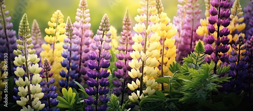 Lupines creating a vibrant display with purple and yellow flowers set against a greenish background providing a picturesque copy space image photo