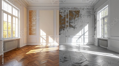 Renovation and Remodeling: renovation of an old building with workers replacing materials, modernizing interiors.