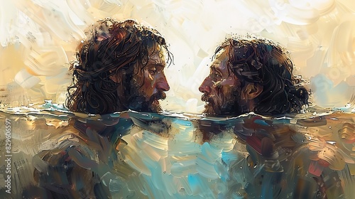 A depiction of Jesus Christ being baptized by John the Baptist. photo