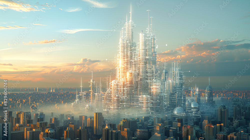 Futuristic cityscape with advanced digital interfaces and holographic ...