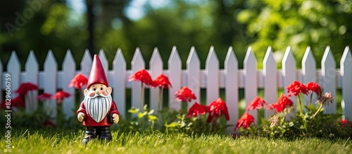 Statue of a gnome with a red hat standing in a lush garden with flowers lawn and a white picket fence in the background featuring copy space image