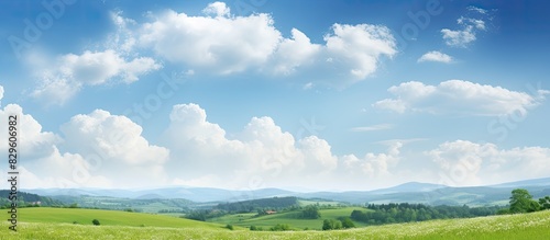 Landscape with fresh green vegetation from the forest and meadows under a sky filled with fluffy white clouds ideal for a copy space image photo