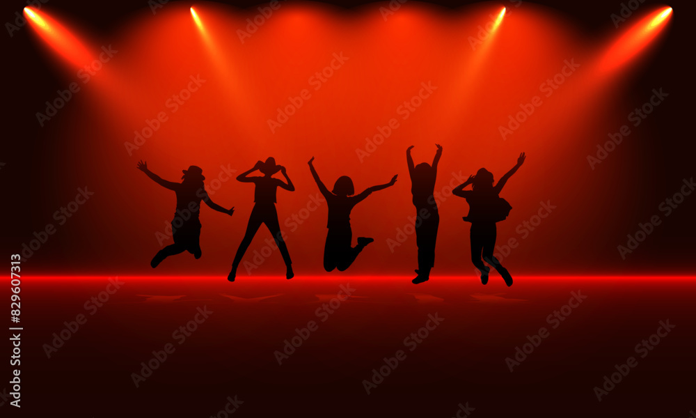 silhouette Group People Jump with Red Spotlight Background vector illustration concept Happy Success silhouette Group People Jump with Red Spotlight Background vector illustration concept Happy Success