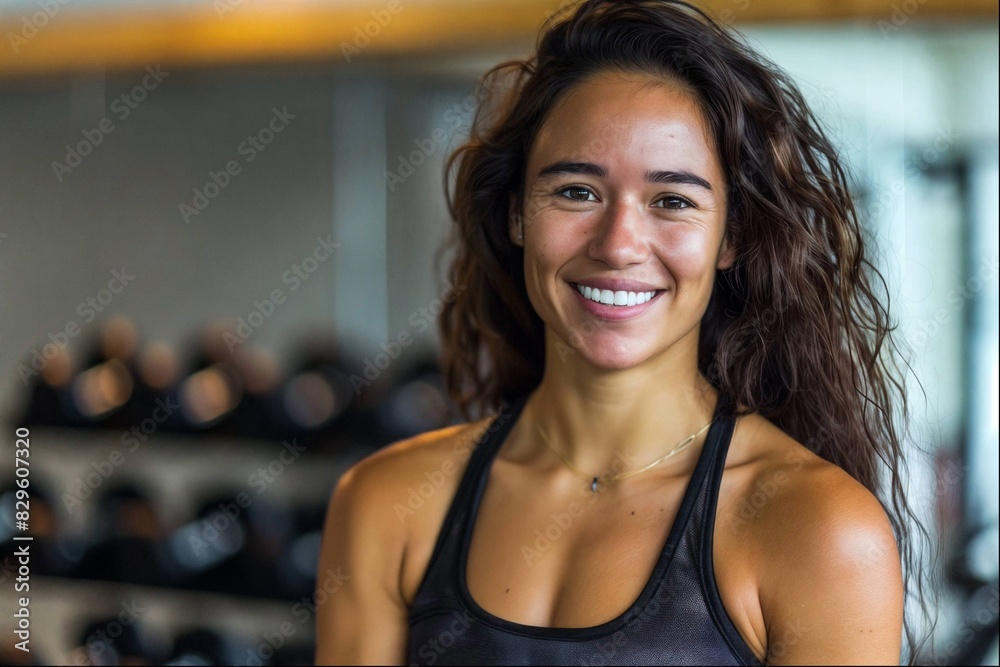 Smiling female fitness trainer in gym wearing black sportswear with a blurred background of weights Smiling female fitness trainer in gym wearing black sportswear with a blurred background of weights