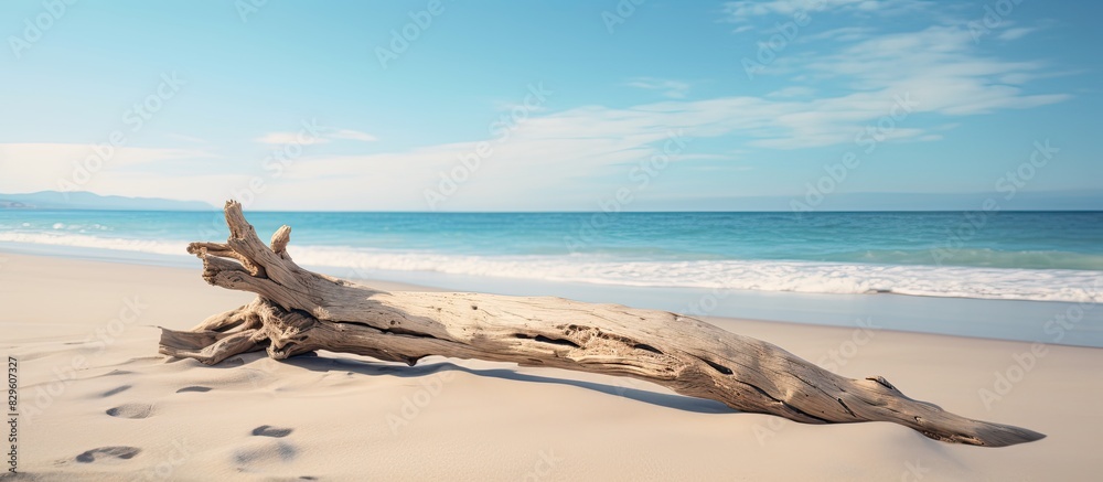 Fototapeta premium A piece of driftwood lying on the sandy shore with a beautiful ocean backdrop in the background creating a perfect copy space image