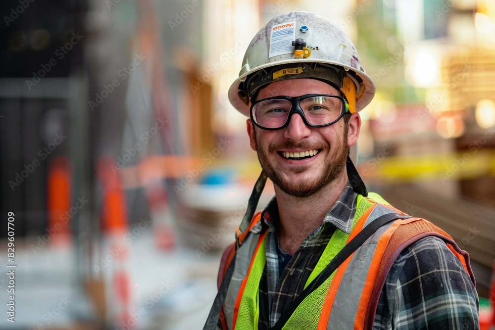 Smiling male construction worker wearing a hard hat and safety vest on a building site with a blurred background Smiling male construction worker wearing a hard hat and safety vest on a building site with a blurred background