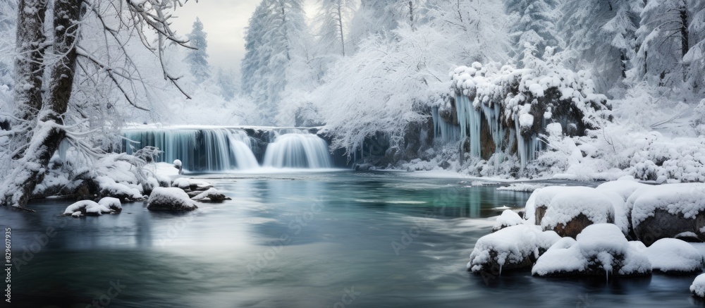 Winter falls provide a picturesque backdrop for photographs with a tranquil and serene ambiance perfect for a copy space image Winter falls provide a picturesque backdrop for photographs with a tranquil and serene ambiance perfect for a copy space image