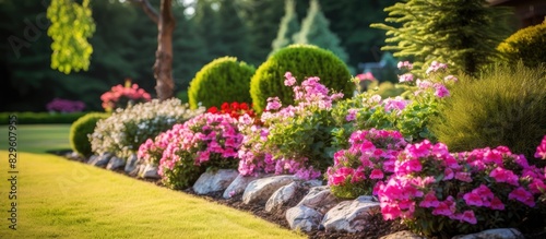 Landscape gardening creating beautiful flower beds near the house perfect for a copy space image