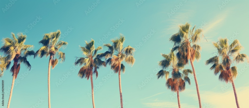 Vintage styled palm trees against a blue sky at a tropical coast create a retro summer vibe in this image with copy space