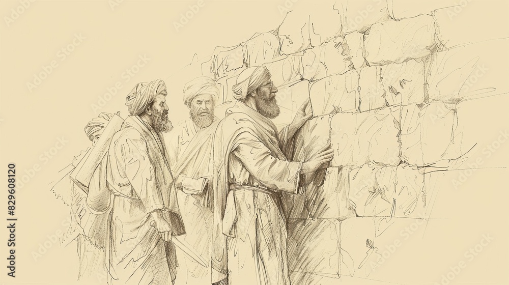 Fototapeta premium Biblical Illustration: Nehemiah Rebuilds the Wall, Leading Effort with Determination, Facing Opposition, Beige Background, Copyspace