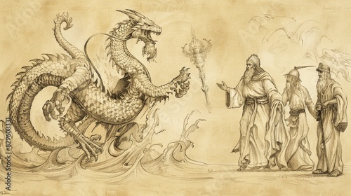 Biblical Illustration: Beast from the Sea, Blasphemous Names, Authority from Dragon, Rising Power, Beige Background, Copyspace photo