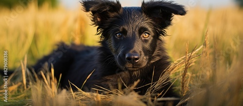 Farm puppy Groenendael dog posing on grass in the outdoors for a copy space image © Ilgun