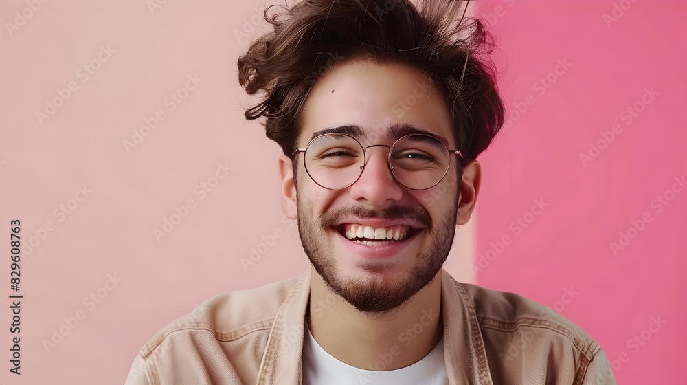 Happy Young Copywriter Exuding Joy While Working on Colorful Background Happy Young Copywriter Exuding Joy While Working on Colorful Background