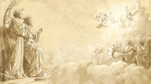 Biblical Illustration: John's Vision of Heaven, Throne of God, Angels and the Lamb, Beige Background, Copyspace photo