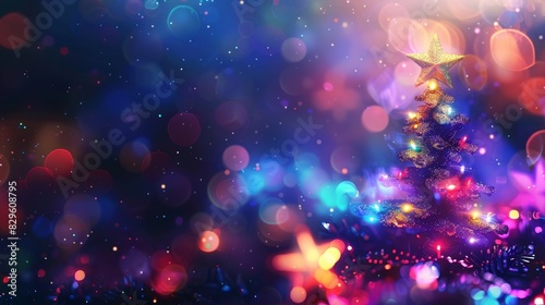 Glowing Christmas Lights: Abstract Blue and Purple Background with Festive Glitter and Defocused Xmas Tree