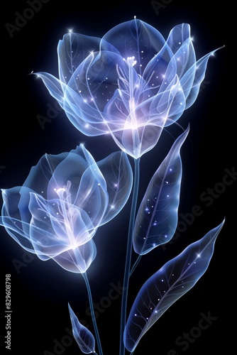 Two Blue Flowers With Glowing Leaves on a Black Background