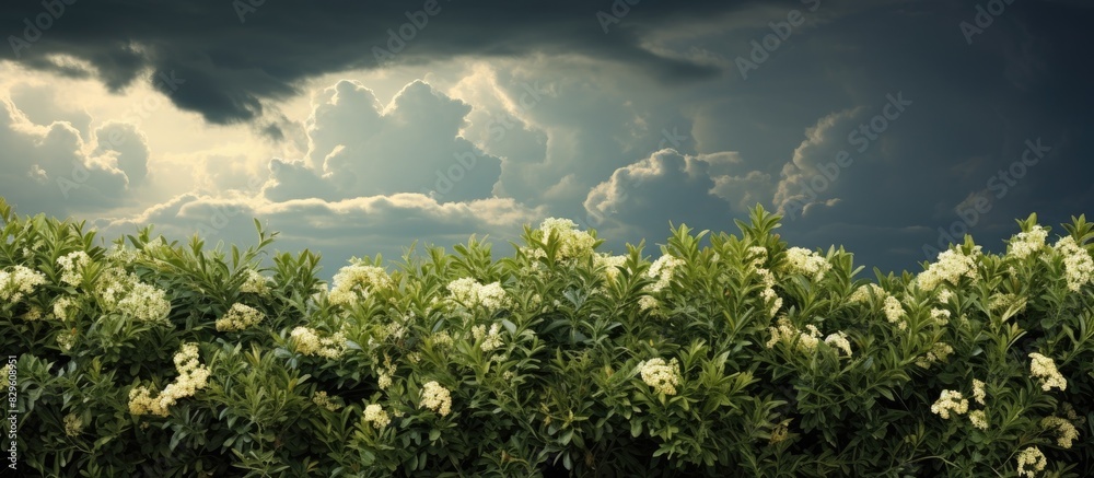 Obraz premium Shrubs set against a dramatic sky with thunderstorm clouds in the background create a striking visual with ample copy space image