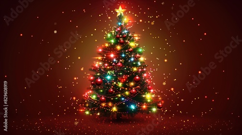 A colorful Christmas tree with lights and a star on top. The tree is surrounded by a red background © At My Hat
