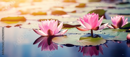 Pink lotus flowers floating in a pond with water lilies providing a serene and picturesque setting in a copy space image