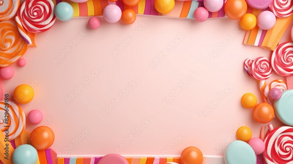 frame from candy on a pink, white background. lollipop, caramel and sweets. party invitation card. Place for text. frame from candy on a pink, white background. lollipop, caramel and sweets. party invitation card. Place for text.