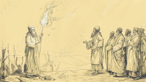 Biblical Illustration: Elijah and the Prophets of Baal, Fire from Heaven Consuming Sacrifice, Baal's Defeat, Beige Background, Copyspace photo