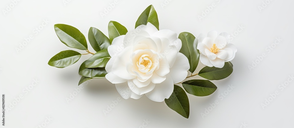 Obraz premium Camellia flower in full bloom against a white backdrop with ample copy space image