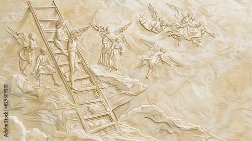 Biblical Illustration: Jacob's Ladder, Jacob Dreaming of Ladder to Heaven, Angels Ascending and Descending, Beige Background, Copyspace photo