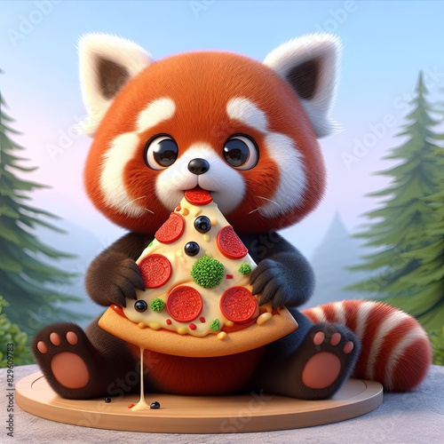 cute red panda eating pizza cartoon, 3d Generative AI © Marek49