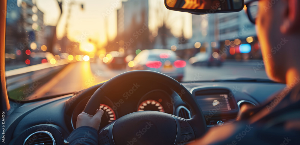 Naklejka premium Driving in the City at Sunset.