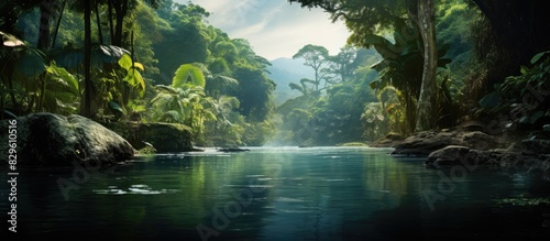Tropical jungle setting with a streaming river providing a serene ambiance in the backdrop for the ideal copy space image