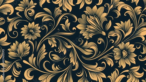 A black and gold floral patterned background with a gold flower in the center. The flowers are arranged in a way that they look like they are blooming photo