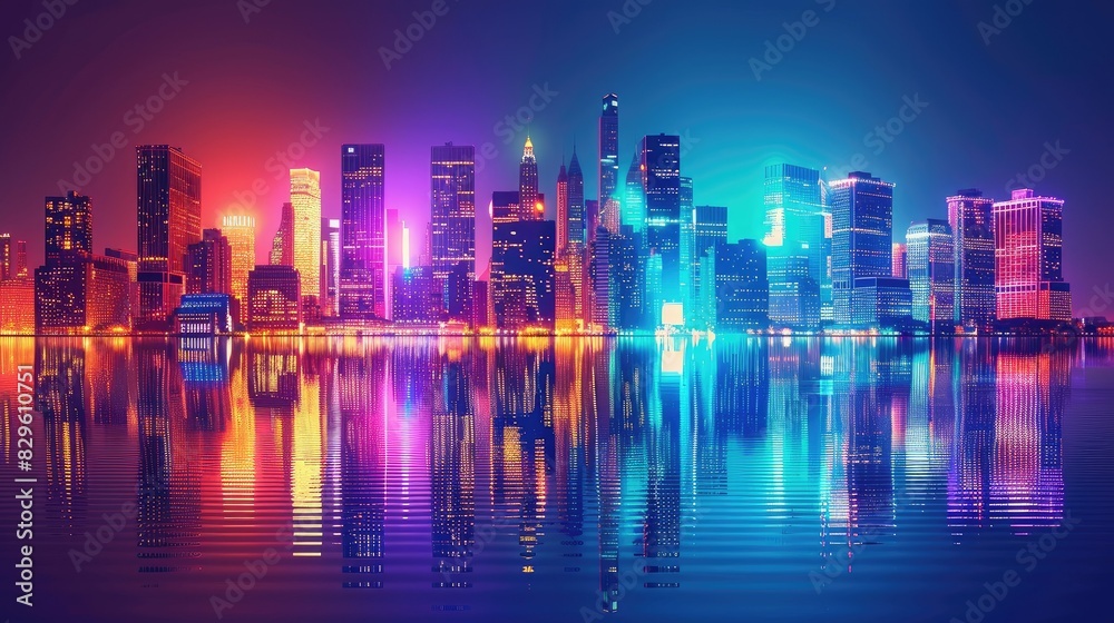 Neon city skyline reflecting in water at night.
