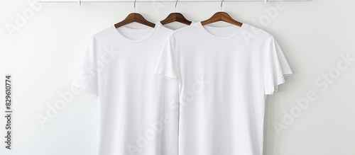 White t shirt hanging on a hook against a white backdrop with copy space image photo