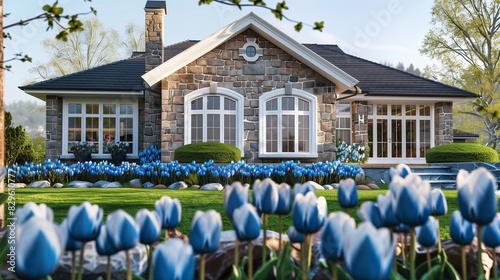 A suburban home with a charming stone facade, exuding a coastal cottage vibe, large bay windows with white trim, and a front yard filled with blue and white tulips swaying gently in the sea breeze.