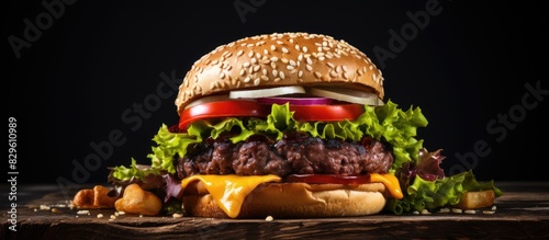 hamburger gourmet beef steak meal meat. Copy space image. Place for adding text and design photo